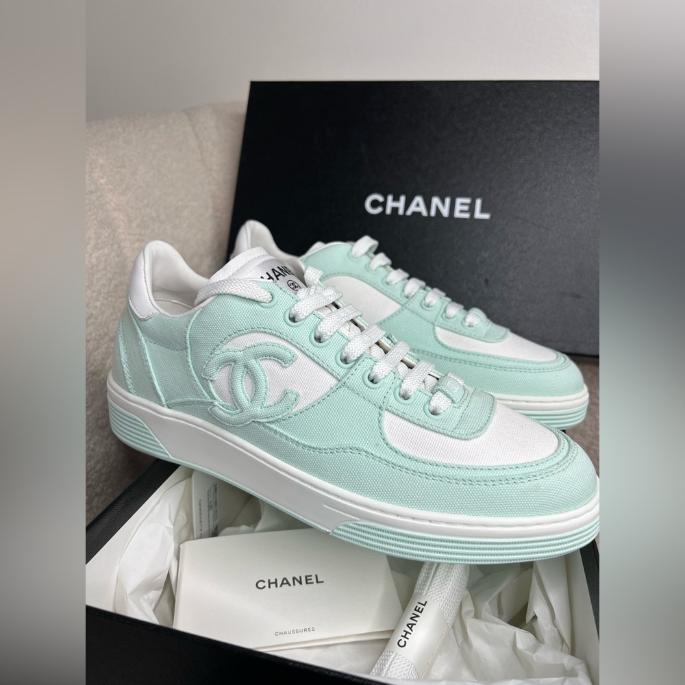 CHANEL Light Turquoise Sneakers 38.5 — New in Box
